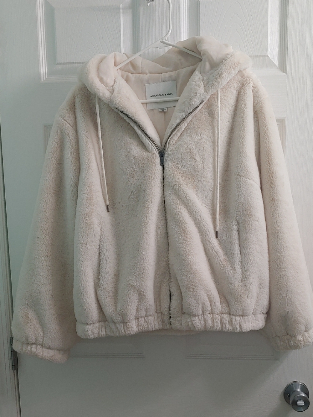 American Eagle Teddy Jacket Cream Faux Fur Hoodie Full Zip Women's Size L